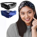 Silvr Bear Luxury Satin Hairband|Pack Of 2|Aesthetic Turban Hairband Korean Style Twisted Cross Knot Head Band For Women|Fabric Elastic Hair Band For Women(Polka Dots Dark For Women&Teens)Multi Color