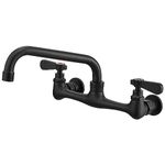 BATHLAVISH Wall Mount Kitchen Sink Faucet 8” Commercial Center Double Handle Bar Laundry Utility Swivel Spout Black Mixer Tap