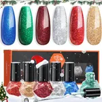 modelones Christmas Nail Polish Set 6 Colors, Red Green Burgundy Gold Silver Blue Glitter Quick Dry Mini Nail Lacquer Kit with Xmas Stickers, Sparkle Fall Winter Nail Art Manicure Gift for Girl Women