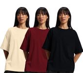 JUNEBERRY® Pure Cotton Drop Shoulder Oversized Baggy Fit Half Sleeve Plain Solid Round Neck Multicolor T-Shirt for Women & Girls (Pack of 3) (PO3_OS_J_MR_BK_SW_M)