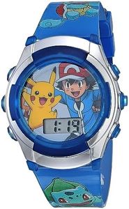 Accutime Kids Pokemon Pikachu & Ash Digital LCD Quartz Blue Wrist Watch with Blue Strap, Cool Inexpensive Gift & Party Favor for Boys, Girls, Adults All Ages (Model: POK3017), Ash Pikachu Blue, 36.75