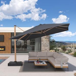 PURPLE LEAF 12FT Patio Umbrella Square Cantilever Umbrella Teak Finished Aluminum Frame Large Windproof Offset Outdoor Sun Umbrellas for Beach Pool Deck, Grey
