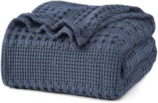 PHF 100% Cotton Waffle Weave Blanket Twin Size for Bed, Lightweight Washed Cotton Blanket - 66"x90" Aesthetic Soft Woven and Breathable Blanket for Sofa Home Decor - Dark Navy