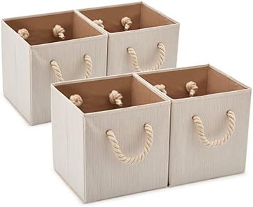 EZOWARE Set of 4 Fabric Bamboo Fabric Storage Basket Bins with Cotton Rope Handle, Foldable Organiser Cube for Nursery Baby Kids Room Toys Home Shelving – 28x28x28 cm / Beige