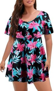 ECUPPER Womens One Piece Swimsuit with Sleeves Plus Size Swim Dress Modest Tummy Control Skirt Bathing Suit Built in Shorts Black Pink