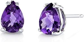 Peora Solid 14K White Gold Amethyst Earrings for Women, Genuine Gemstone Birthstone Solitaire Studs, 7x5mm Pear Shape, 1 Carat total, Friction Back