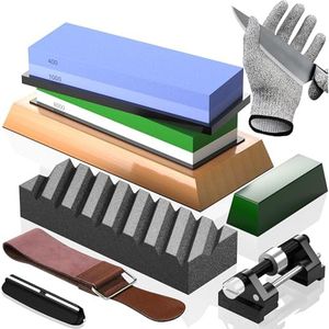 Knife Sharpening Stone Set - Premium 4 Side Grit 400/1000 3000/8000 Whetstone Sharpener Kit - Non-Slip Bamboo Base,Cut Resistant Gloves, Angle Guide,Flatting Stone,Honing Guide,Leather Strop