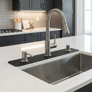 Cuttable Kitchen Sink Faucet Mat: 2PCS 30"Lx5.5"W DIY Splash Guard for Irregular Sink 2, 3 holes, Soap Dispenser & Air Gap - Bathroom Counter Protector Drip Catcher with Pre-Cut Center Hole, Black