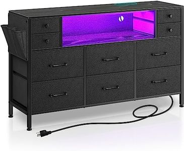 Rolanstar Dresser for Bedroom with LED Lights and Power Outlets, 55" TV Stand with 10 Drawers, Fabric Chest of Drawers with Side Pocket, PU Finish, Sturdy Frame & Wood Top, Black