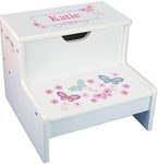 Personalized White Step Stool and Storage with Aqua Butterflies Design