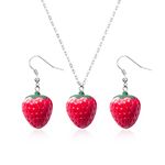 3D Simulated Fruit Strawberry Acrylic Necklace Earring Set. Cute Stereoscopic Red Strawberry Dangle Necklace Earring Set, Country Style Ear Clip Ear Hook Girl's Jewelry (Silver)
