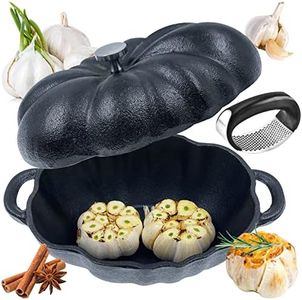 AOKDEER Garlic Roaster, Pre-Seasoned Cast Iron Garlic Roaster Oven Baker and Garlic Presses Set for Kitchen, Pumpkin Soup Pot Casserole, BBQ Grill Garlic Roasted Baker Tool for Outdoor Picnic Camping