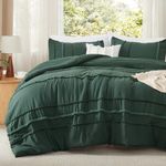 Bedsure Tufted Boho Comforter Set Queen, Forest Green Strip Boho Bed Set, 3 Pieces Vintage Farmhouse Embroidery Bedding for All Seasons, Soft Shabby Chic Comforter with 2 Pillowcases