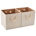 EZOWARE Set of 2 Large Foldable Bamboo Cotton Fabric Organiser Cubes, Collapsible Storage Basket Bin Boxes with Cotton Rope Handle for Baby Kids Toy Nursery Room Home Closet - 33 x 33 x 33cm / Beige