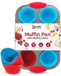 Boxiki Kitchen Non-Stick Steel 6 Cup Muffin Pan with Silicone Handles and Reusable Liners - Perfect for Baking Muffins and Cupcakes