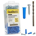 QUALIHOME Conical Concrete Anchors and Screws Kit - Plastic Conical Wall Anchors for Lightweight Fixtures in Concrete, Block, Brick, and More - 100x Concrete Anchors, 100x Screws & 1x 1/4" Drill Bit