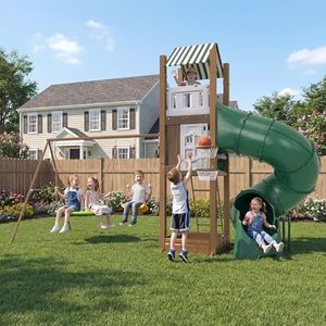 Swing Sets for Backyard with Turbo Tube Slide for Kids 3-8+ All in 1 Kids Outdoor Play Playhouse Equipment with Swings, Climbing Ladder, Sandbox, Basketball Hoop, Outdoor Large Playset for Toddlers
