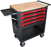 pouseayar 4 Drawers Tool Cart, Multi-Purpose Tool Box with Wheels and Wooden Top, Locked Drawers Storage Organizer Cabinet for Garage, Warehouse, Repair Shop, Workshop - Red