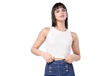 TRASA Women’s Sleeveless Rib Knitted 100 Percent Cotton Racer Back Tank Tops Crew Neck Crop Tank Tops - Off-White - S