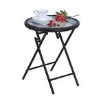 Sophia & William Patio Folding Side Table Round Outdoor End Table Small Portable Bistro Coffee Table with Tempered Glass Top with Rattan Edge and Metal Frame for Outdoor and Indoor