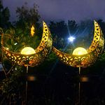 Solar Powered Garden Lights, 2 Pack Antique Brass Hollow-Carved Metal Moon with Warm White Crackle Glass Globe Stake Lights,Waterproof Outdoor for Lawn,Patio,Yard