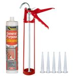 White Silicone Sealant Anti Mould Set - Bundle Includes Everbuild General Purpose Waterproof Sealant, 11' Inch Caulking Gun, Spare Silicone Nozzles