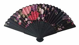 AUM Colorful Floral Pattern Hand Held Foldable Bamboo Japanese Silk Hand Fan (Black -BR) Gift Fan for Girls Women Wedding Favor Theme Party Decoration Stage Shows Dance