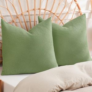 PHF 100% Cotton Waffle Weave Euro Shams 26" x 26", No Insert, 2 Pack Elegant Home Decorative Euro Throw Pillow Covers for Bed Couch Sofa, Loden Green