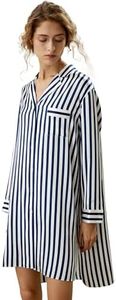 LilySilk Silk Nightshirt for Women Three-quarter Sleeve Shawl Silk Charmeuse Pintripe Sleepshirt Button-up Side Pocket Sleepwear Ladies Pinstripes S