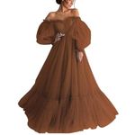 TPonline Puffy Sleeve Prom Dress Tulle Brown Strapless Sweetheart Off The Shoulder Wedding Bridal Gown Size 14