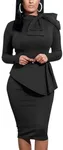 Women's Peplum Bodycon Long Sleeve Wear to Work Dresses Bow Party Club Ruffle Formal Cocktail Pencil Dress