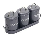 Xbopetda Tea Coffee Sugar Canisters, 3 Piece of Metal Food Storage Tin, Kitchen Canister Set with Metal Tray, Dry Food Storage Containers for Tea Coffee & Sugar-Gray