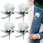 Wedding Boutonniere White Rose, Rose Boutonniere Handmade 4Pcs Wedding Wrist Flower Corsage Wedding Flower Buttonhole Corsage Bridesmaid Wedding Wrist Flower Corsage Artificial Wedding Flowers