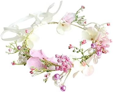 Vivivalue Handmade Boho Flower Wreath Headband Halo Floral Hair Garland Crown Headpiece with Ribbon Festival Wedding Pink