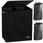 NUCAZA 145L Double Laundry Basket with Lid & Removable Laundry Bags, 2 Compartments Washing Basket for Light & Dark Clothes, Large Laundry Hamper, Collapsible Laundry Bin Storage Basket Black