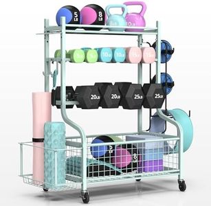 PLKOW Dumbbell Rack, Weight Rack for Dumbbells, Home Gym Storage for Dumbbells Kettlebells Yoga Mat and Balls, Multifunctional Workout Storage with Wheels and Hooks, Powder Coated Finish Steel