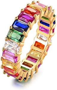 Eternity Rainbow Ring Wedding Band for Women | 18K Gold Plated Emerald-Cut Rainbow Multi Color Created-Gemstone Eternity Ring (Gold, 6)