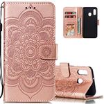 LEECOCO for Samsung A10E Case Mandala Embossing Luxury PU Leather Flip Notebook Wallet Bookstyle Magnetic Stand Card Slot Folio Bumper Cover for Samsung Galaxy A10E / A20E Mandala Rose Gold LD