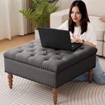 BEDHOURS Large Square Ottoman Coffee Table with Rivet Decoration, Hand-Folded Roll Style Storage Ottoman with Solid Wood Shelf (Dark Grey)