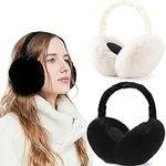 FSMILING2 Pack Winer Ear Muffs Women Adjustable Fluffy Ear Muffs Foldable Women's Earmuffs For Ladies Adults,Black White Color