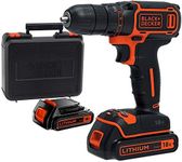 Black+Decker BDCDC18KB Cordless Drill with Planetary Gear, 18 V 1.5 Ah, Includes 2 Batteries and Charger in Case, 1 Double Bit, Non-Slip Soft Grip, LED Work Light