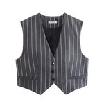 Pofihavi Cropped Suit Vest for Women 2024 Button Up Business Casual Dressy Waistcoat Vest Tops, Grey Stripe, Large