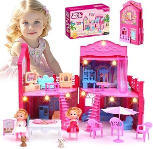 BRAITEN Doll House, with 4 Rooms, 2 Dolls, Toy Furniture Accessories, Pet Play Area，Slide Dollhouse Dlayset, Dollapsible Portable Playhouse with Lights for Little Girls