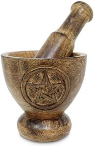 New Age Imports, Inc. Pentagram Design Wooden Mortar & Pestle Set - Herb Grinder, Pill Crusher, Molcajete 4 inch High by 4 inch Wide top, Base 2.5 inch Dual Side Pentacle Design Handcarved by