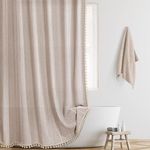 BESBESME Boho Farmhouse Shower Curtain Set with Hooks, Striped Linen Heavy Duty Fabric Shower Curtain for Bathroom, Water Repellent Rustic Vintage Country Shower Curtain with Tassels, Khaki, 72"x72"