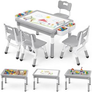 TODECARE 4 in 1 Kids Table and 4 Chairs Set, Reversible Tabletop, Gray