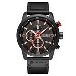 CURREN Mens Water Resistant Sport Chronograph Watches Military Multifunction Leather Quartz Wrist Watches (black black), black black, Chronograph,Quartz Movement