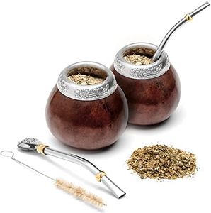 BALIBETOV Yerba Mate Gourd Set - Classic Natural Handmade Argentina Yerba Cup & Straw, Includes Mate Cup, Bombilla, Clean Brush - Brown X2