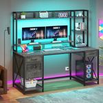 YITAHOME Computer Desk with Drawers & Power Outlets, 59" Home Office Desk with Hutch, Gaming Desk with LED Lights, Grey