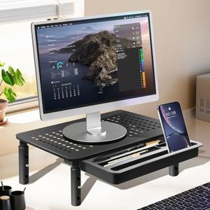 Xkimos Computer Monitor Stand, Height Adjustable Computer Monitor Desktop Stand, 66.1lbs load-bearing capacity, 3 levels of height adjustmen with Drawer Organizer for Most Monitors Printers Laptops